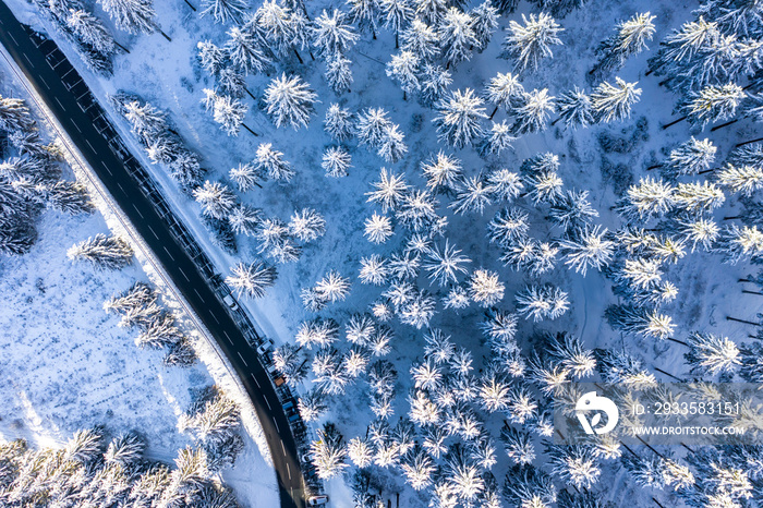 Aerial view, snowy trees and a road from above in winter, Taunus, Hesse, Germany