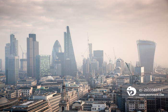 rooftop view over London on a foggy day from St Paul’s cathedral, UK