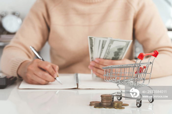 Small shopping carts and coins stacked on the table with women holding bills and calculating food money with pen, paper, and calculator at home.Debt, inflation and economic crisis Concept