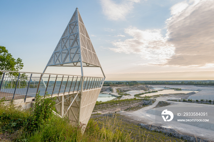 Viewpoint near Geomuseum Faxe and view over the limestone quarry. Faxe Kalkbrud, Denmark.