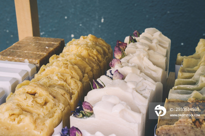 Handmade soap bars on the display