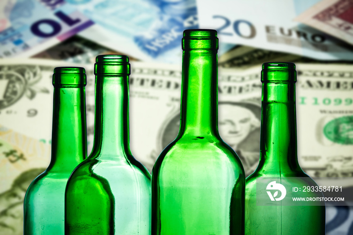 Alcohol price background. Wine bottle excise. Increasing high alcohol tax.