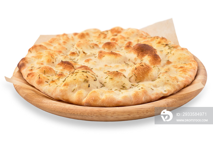 crispy focaccia with rosemary isolated on white background.