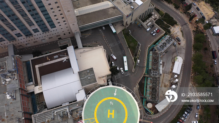 Hadassah ein kerem Hospital in Jerusalem mountains, aerial view Medicine buildings hospital and traffic, Jerusalem, israel