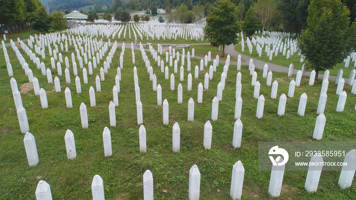 SREBRENICA, Potocari, Bosnia and Herzegovina Flying above the graves of murdered men and young boys civilians wictims from Serbian aggression and genocide in Potocari, on September 4,