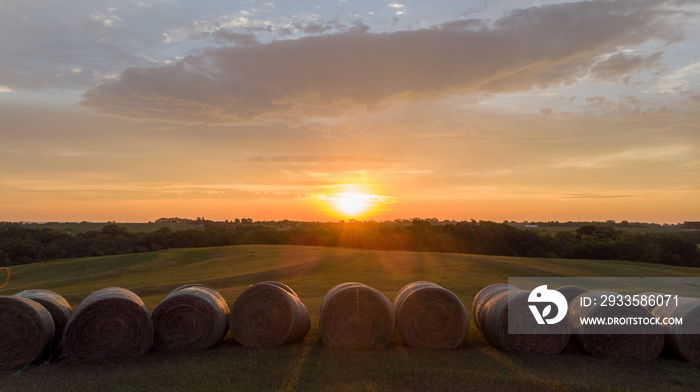 Sunrise over rows of round hay bales in a rural countryside field