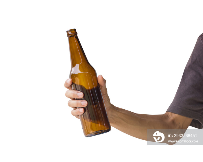 A man hand holding beer bottle isolated on white background. Clipping path of brown glass bottle on white background.