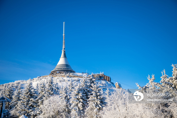 Winter view of mountain top hotel and television transmitter Jested in Liberec, Czech Republic