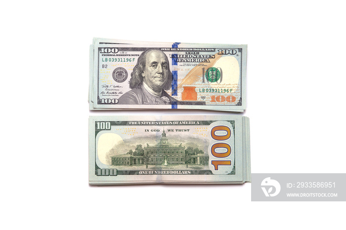 Isolated Heap of 100 US dollars bills background. One hundred. USA note. Both front and back sides. Top view. Flat lay. Business concept. Copy space place for text