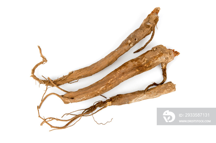 Ginseng roots isolated on white background.top view,flat lay.