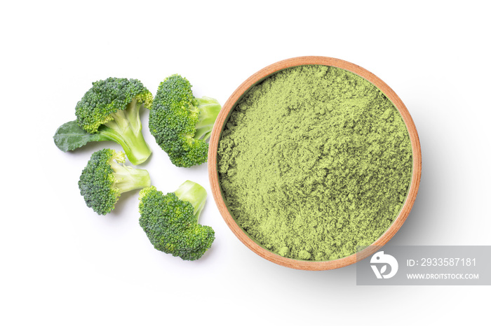 Fresh Broccoli and pile of green herbal powder isolated on white background.