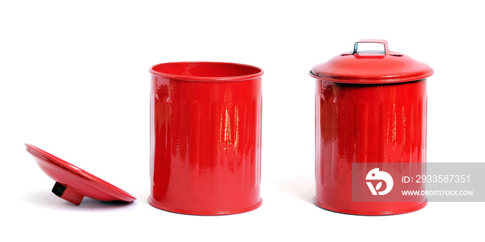 Red metallic bucket and cap steel trash can isolated on white background