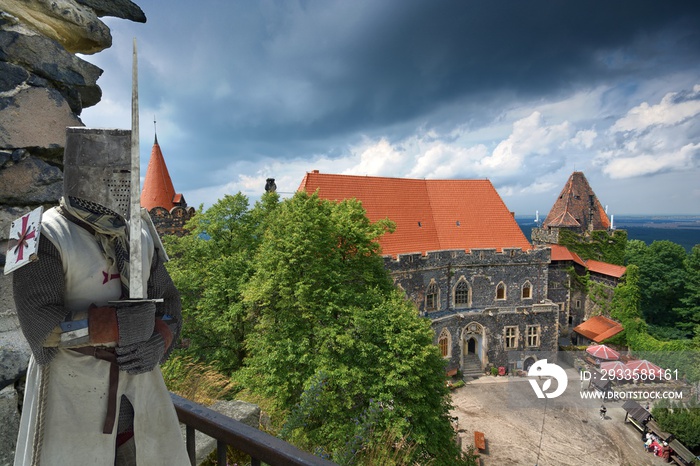 Medieval knight with Gothic-Renaissance style Grodziec castle in Lower Silesia, Poland