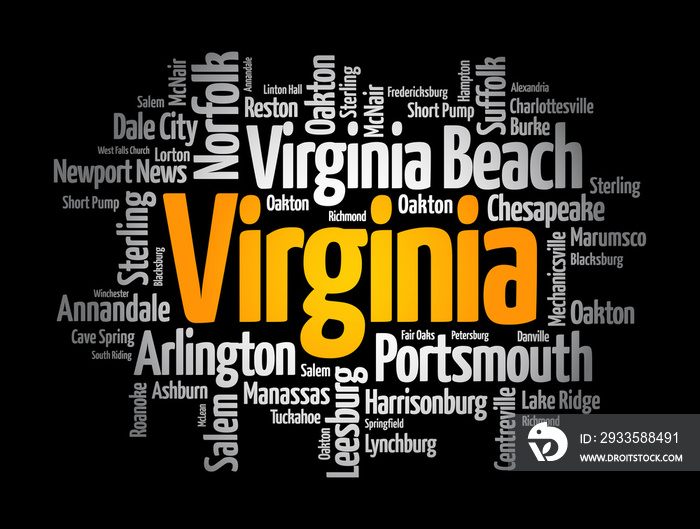 List of cities in Virginia USA state, word cloud concept background