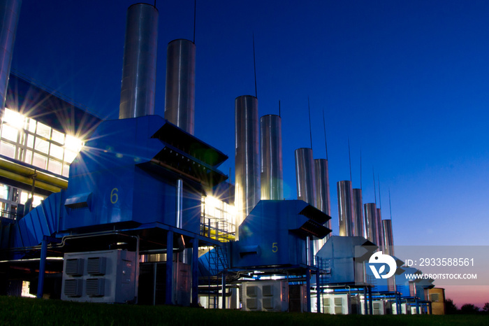 Natural gas compressor pipeline station at night