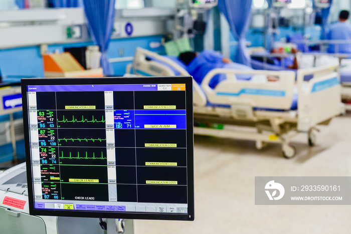 Modern vital signs monitor display at ICU in hospital.