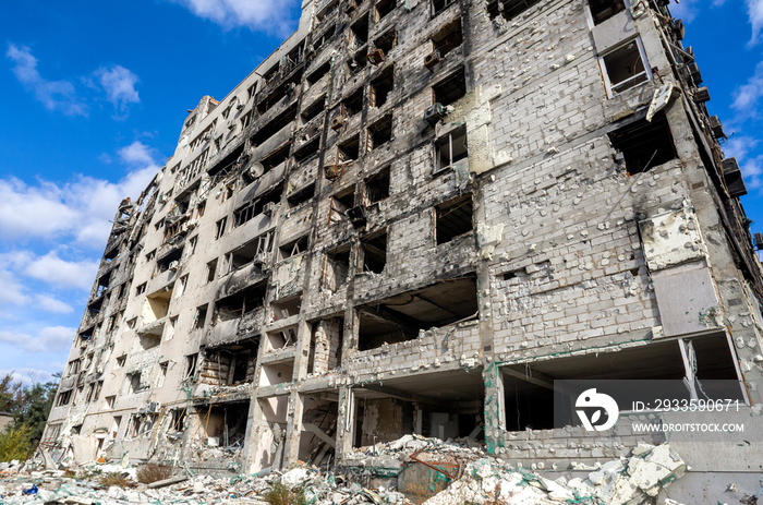 destroyed and burned houses in the city during the war in Ukraine