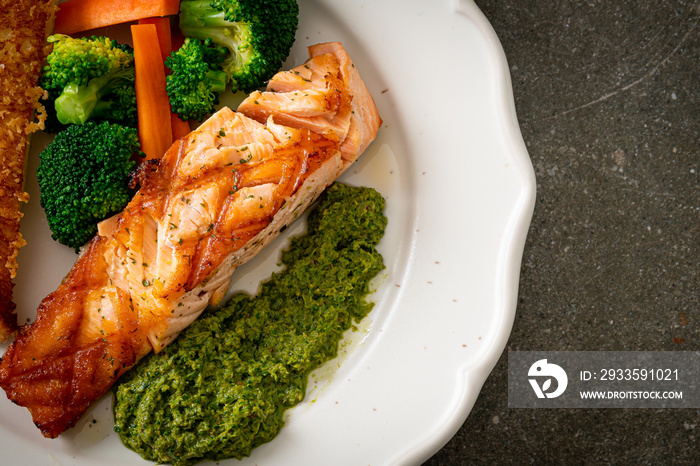 grilled salmon steak with pesto sauce