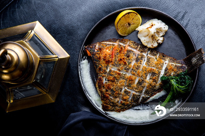 Flounder fillet roasted in a skillet with herbs and lemon