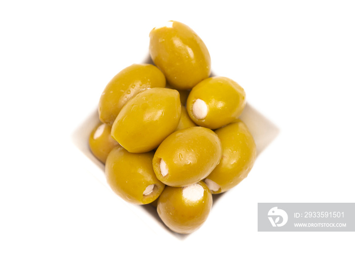 Green Olives Stuffed with Cheese on a White Background