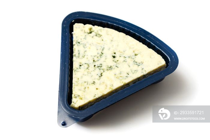 Blue cheese in packaging on a white background.