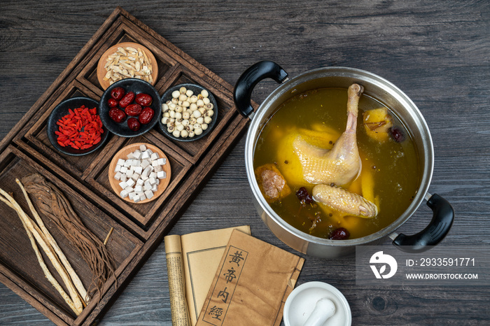 Traditional Chinese food，Stewed chicken soup with Chinese herbal medicine.