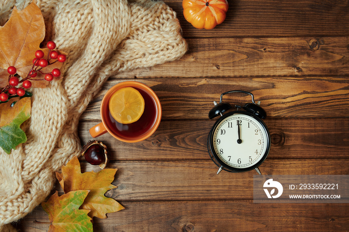 autumn background on wooden planks