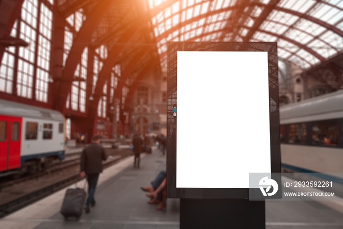 Train station informational empty billboard with mockup, near people and trains.