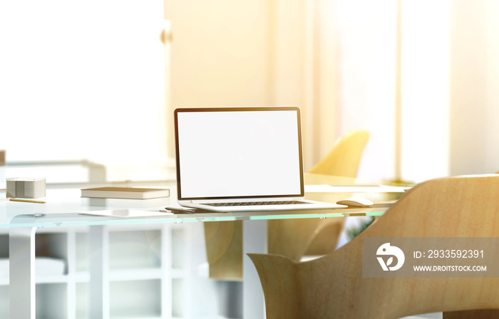 Blank laptop screen mockup in sunny office, depth of field effect, 3d rendering. Modern portable computer display mock up, glass desk, wooden chair, blurred background with sunset. Coworking work room