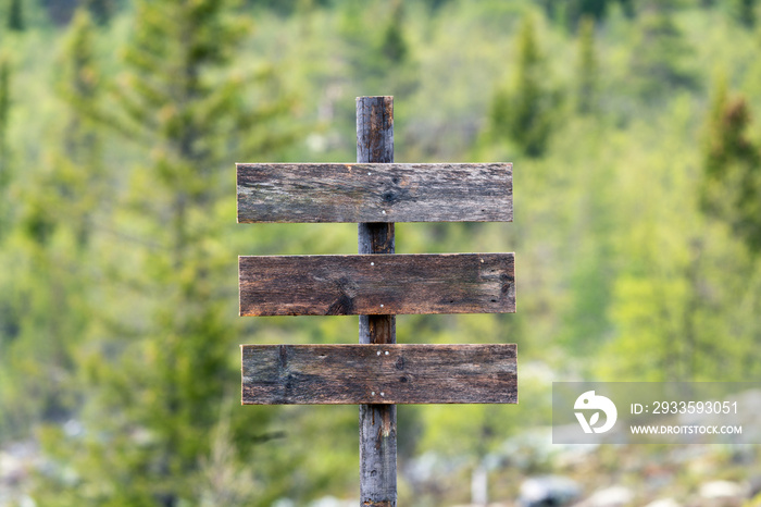 Blank wooden rustic sign for own text outdoors in the forest. Design and signage concept.