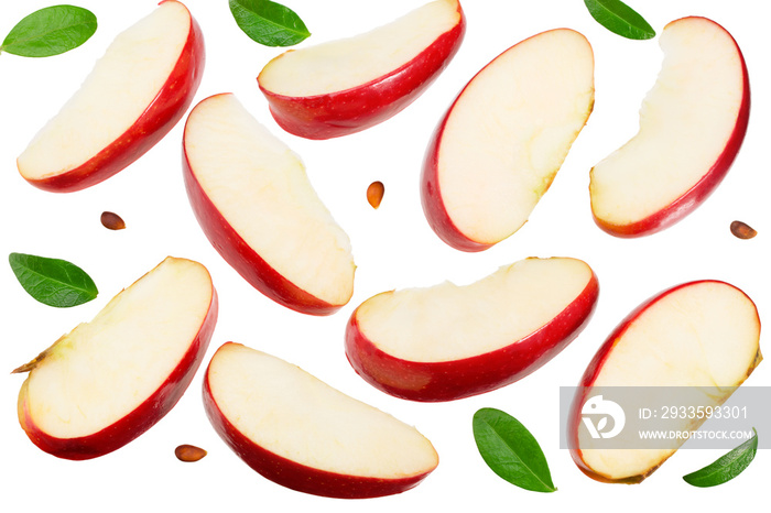 cut of red apple with green leaves isolated on a white background. top view