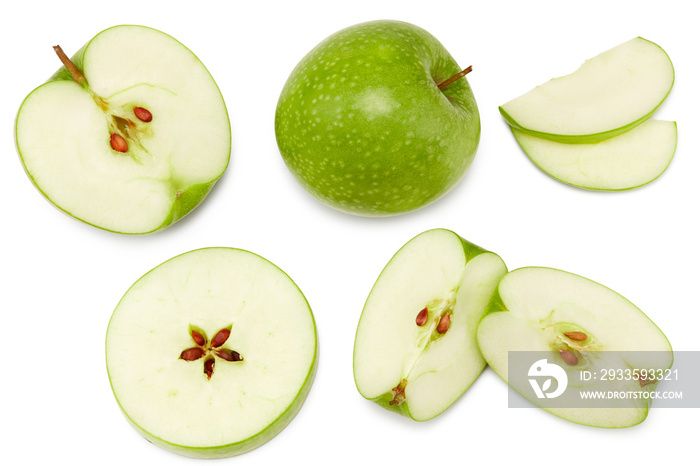 green apple with slices isolated on a white background. top view. clipping path