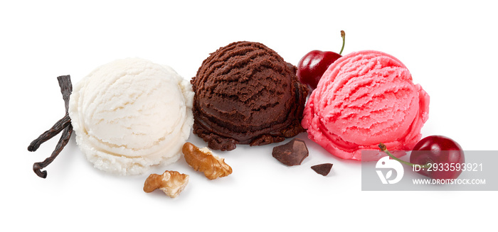 Assorted of ice cream scoops on white background. Chocolate ice cream and cherry ice cream isolated with nuts, berries and vanilla.