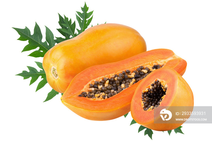 Whole and half of ripe papaya fruit with seeds on alpha background