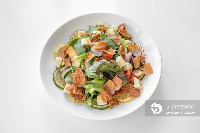 Halloumi Fattoush served in a dish isolated on grey background top view