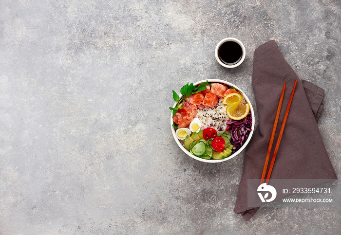 Poke bowl, salmon dish, rice, vegetables, quail eggs, avocado, lemon, healthy food, top view, horizontal, no people,