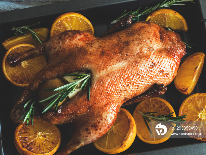 whole roast duck with oranges, stuffed with apples and rosemary on a baking tray