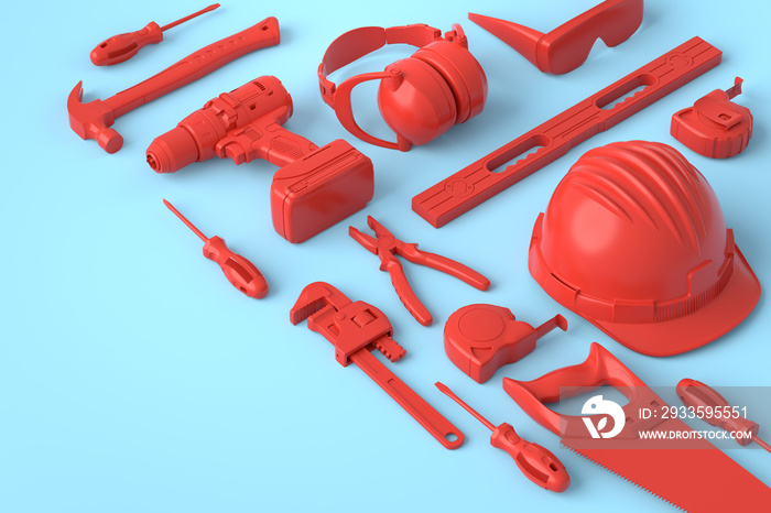 Isometric view of monochrome construction tools for repair on blue and red