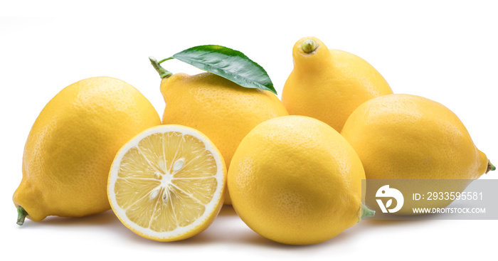 Group of lemon fruits with lemon leaf on the white background.