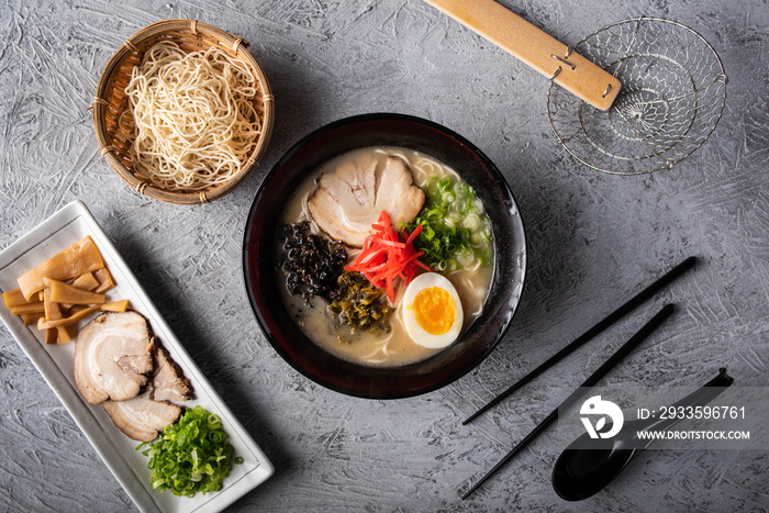 authentic japanese tonkotsu ramen noodle from top view