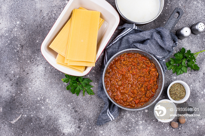 Ingredients for cooking lasagna Bolognese