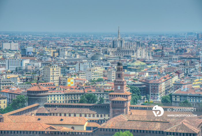 Aerial view of Castello Sforzesco from Torre Branca in Milano, Italy