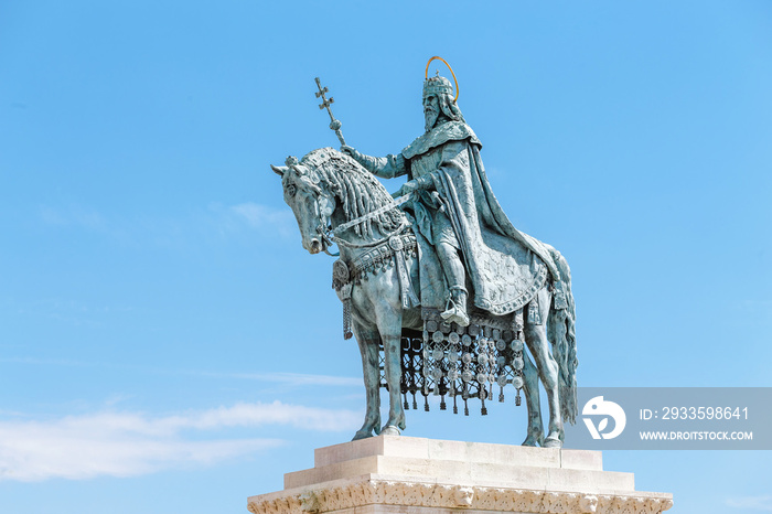 Equestrian statue of Saint Stephen or Istvan near the Fishermans Bastion at the Buda castle in Budapest