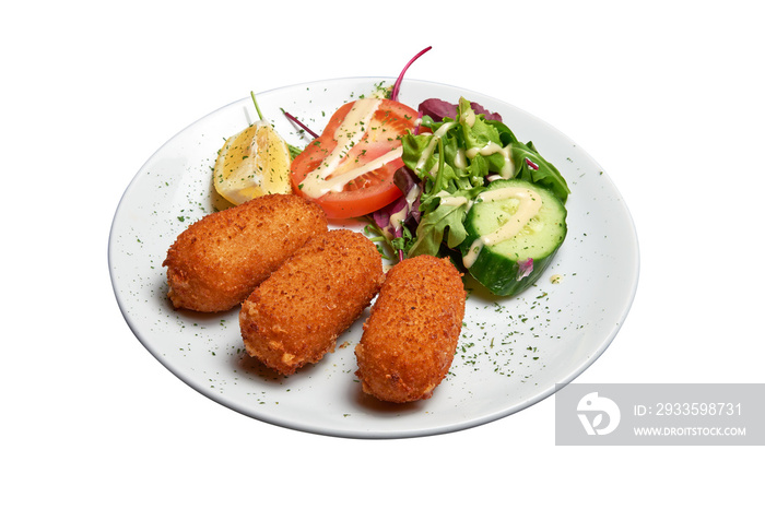 White plate with three Shrimps croquettes ans salad Isolated