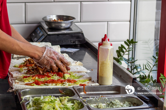 Preparation of shawarma at a fast food restaurant.