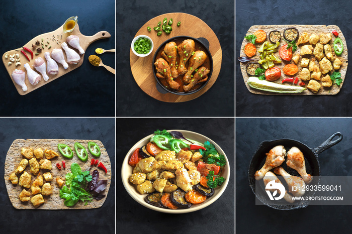 Food collage with a variety chicken dishes