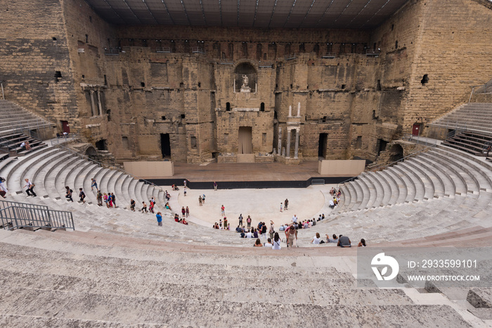 Orange, France - August 2013: First century Roman theatre - a UNESCO World Heritage Site