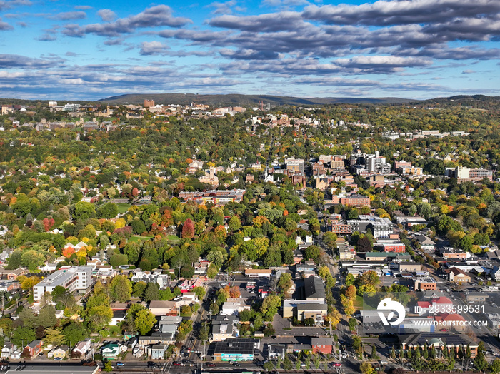 Early afternoon autumn aerial photo view of  Ithaca New York.