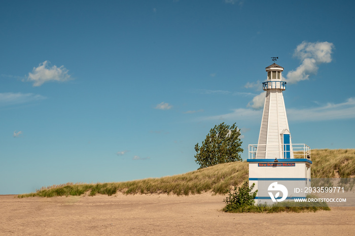 View of the famous wooden lighthouse on the beach in New Buffalo, Michigan