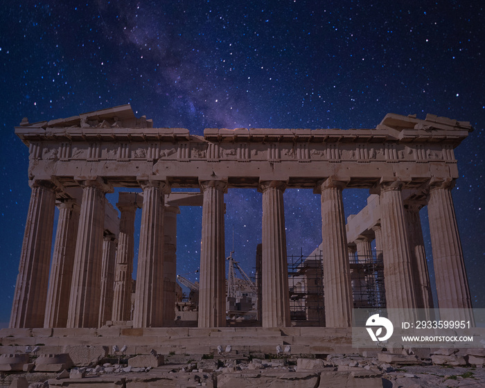 Parthenon ancient Greek temple on Acropolis of Athens and starry sky background, Greece